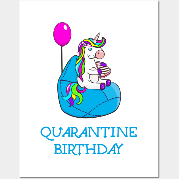 Happy quarantine birthday unicorn with cake and balloon Wall Art by Agras